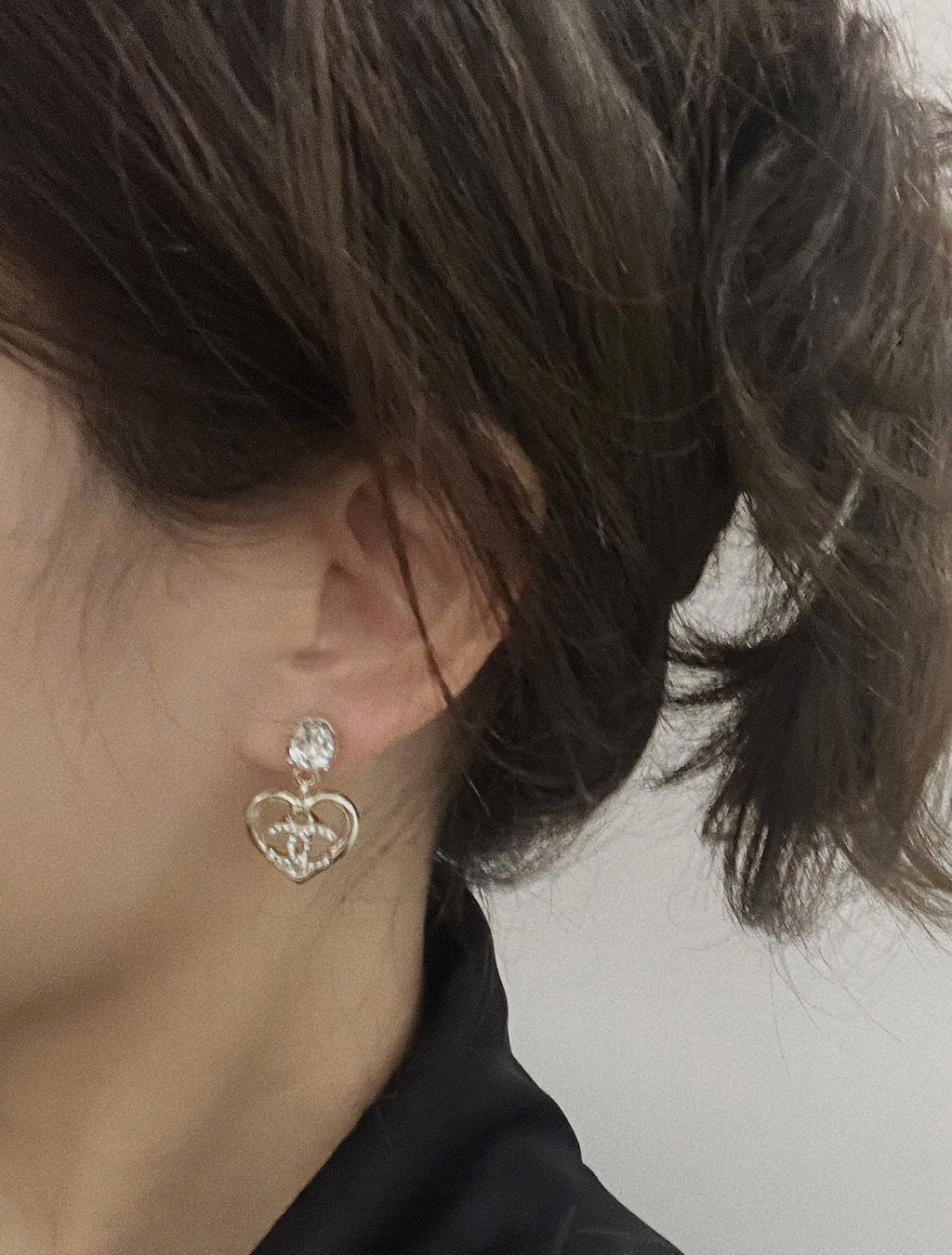 Chanel Strass Crystal Heart Drop Light Gold Earrings