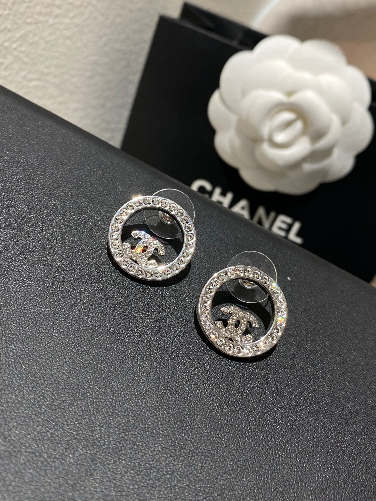Chanel Classic Platinum Rhinestone Stud Sliver Earrings