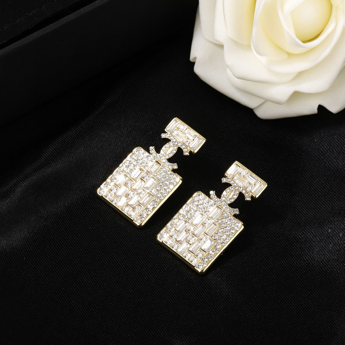 Chanel Perfume Bottle Gold Diamond Earrings