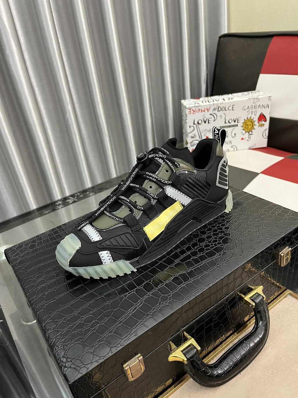 Dolce & Gabbana Black and Gray Sneakers with Yellow Accent — front