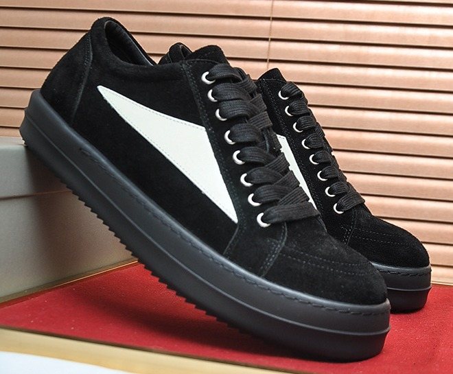 Rick Owens Black Low-Top Sneakers with White Side Panels — hero