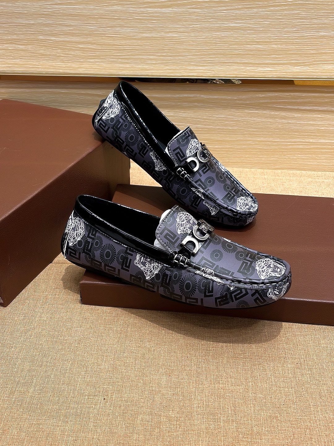 Versace Black and Gray Patterned Loafers — front