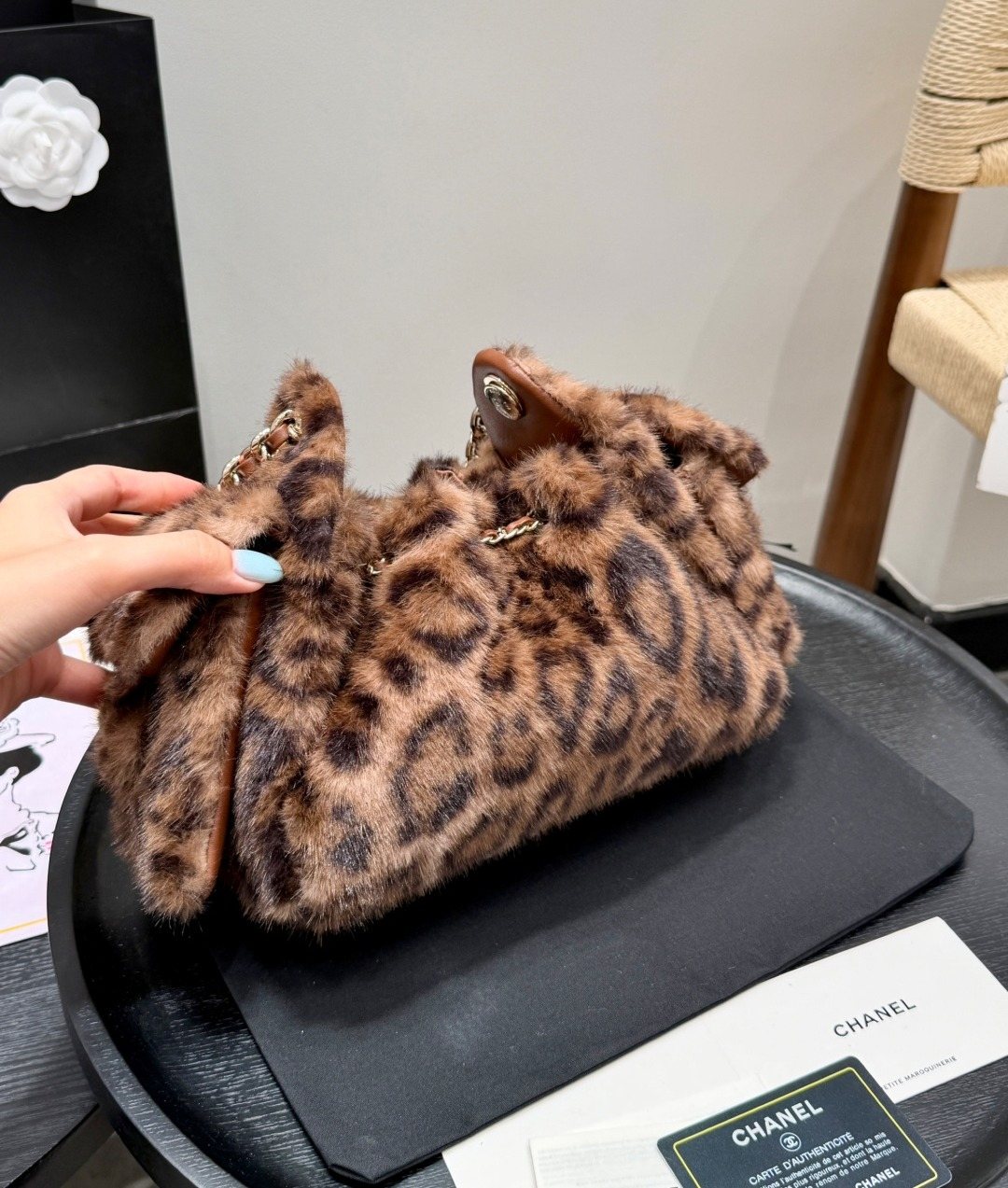Chanel 25 Leopard-Pattern Plush Bucket Bag — back
