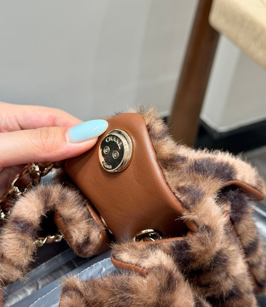 Chanel 25 Leopard-Pattern Plush Bucket Bag — detail