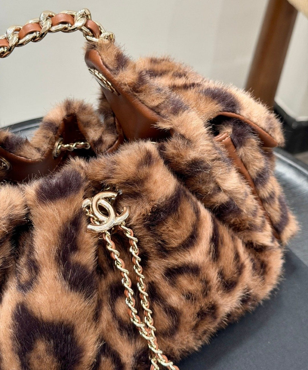 Chanel 25 Leopard-Pattern Plush Bucket Bag — detail