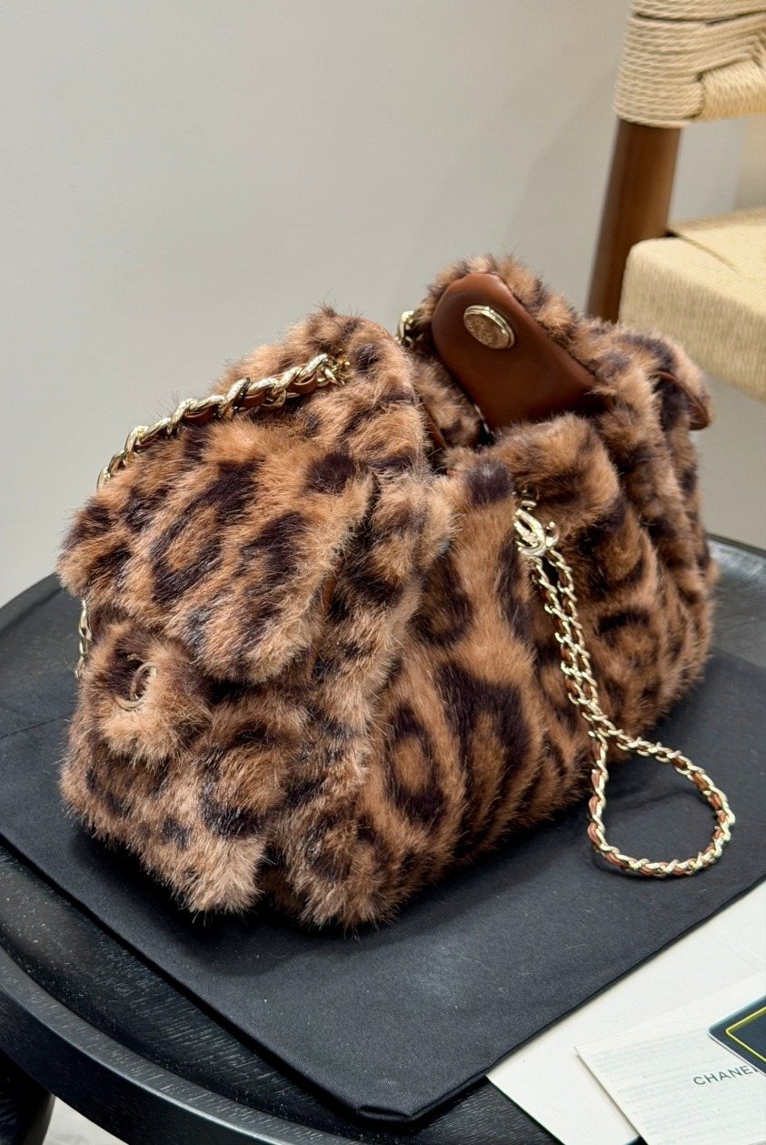 Chanel 25 Leopard-Pattern Plush Bucket Bag — side