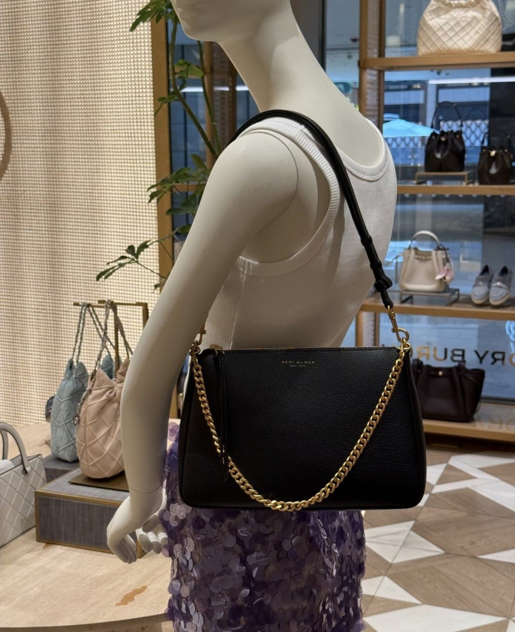Curved Shoulder Bag with Gold-Tone Chain — hero