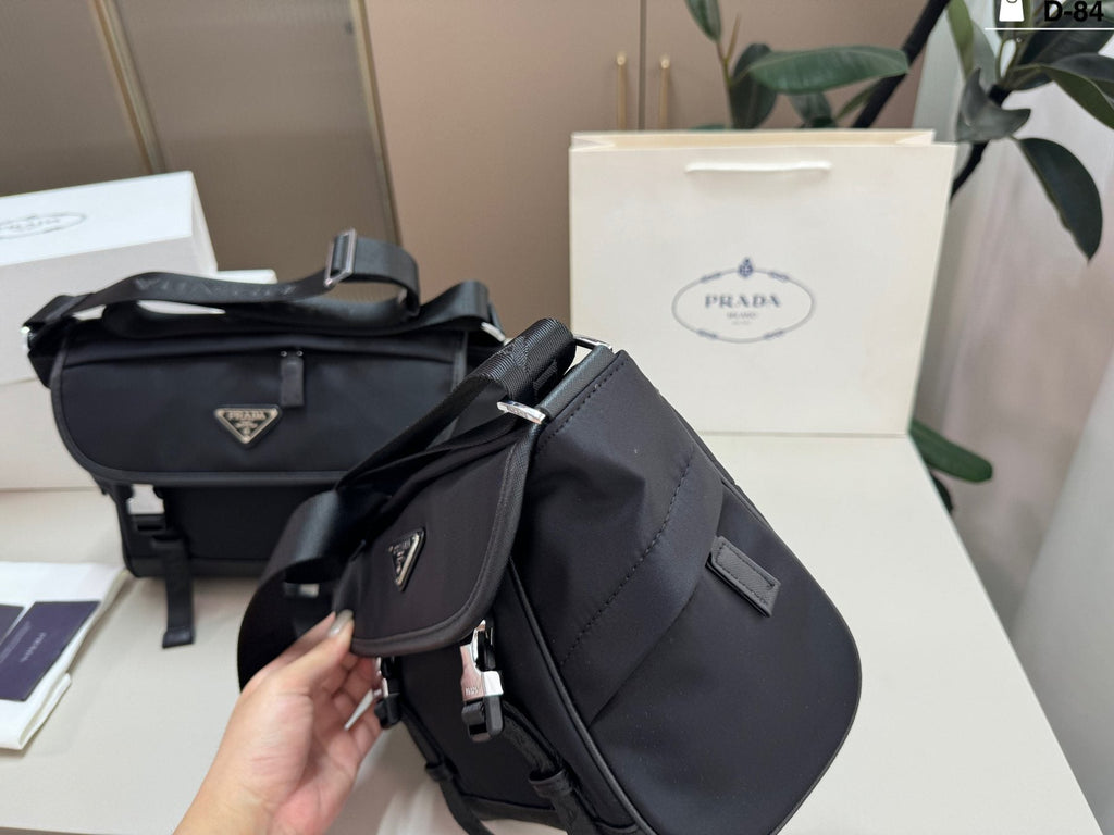 Prada Black Nylon Double-Buckle Messenger Bag — side