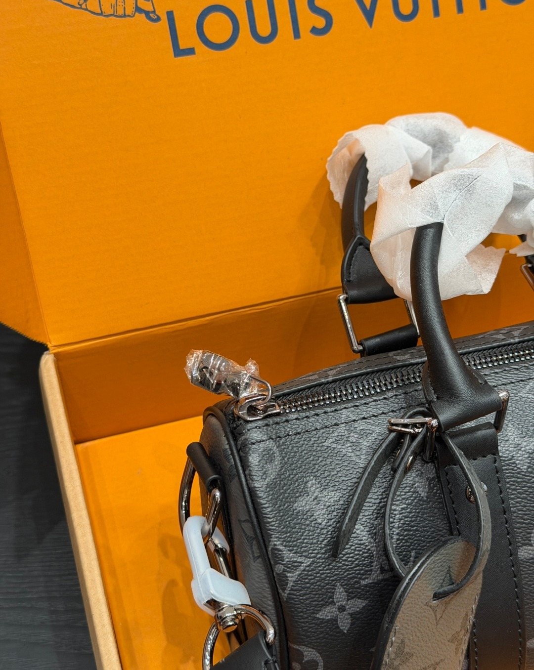 Louis Vuitton Keepall Black Monogram Duffel Bag — detail