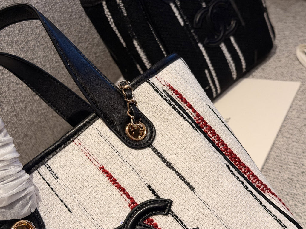 Chanel Striped Double-C Tote Bag — detail
