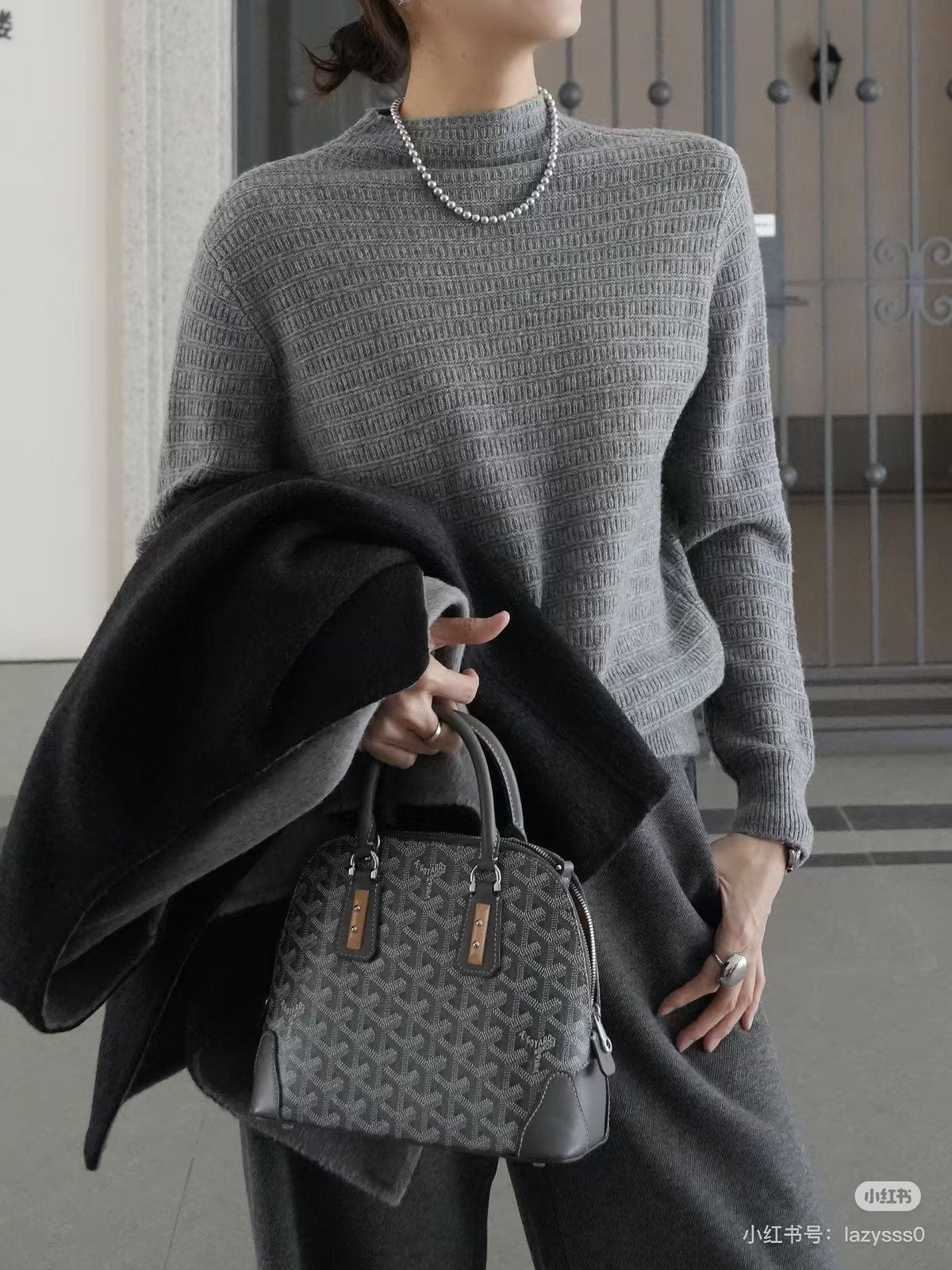 Patterned Top-Handle Handbag with Contrast Tabs — hero