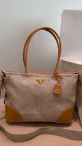 Prada Textured Linen and Leather Tote — hero