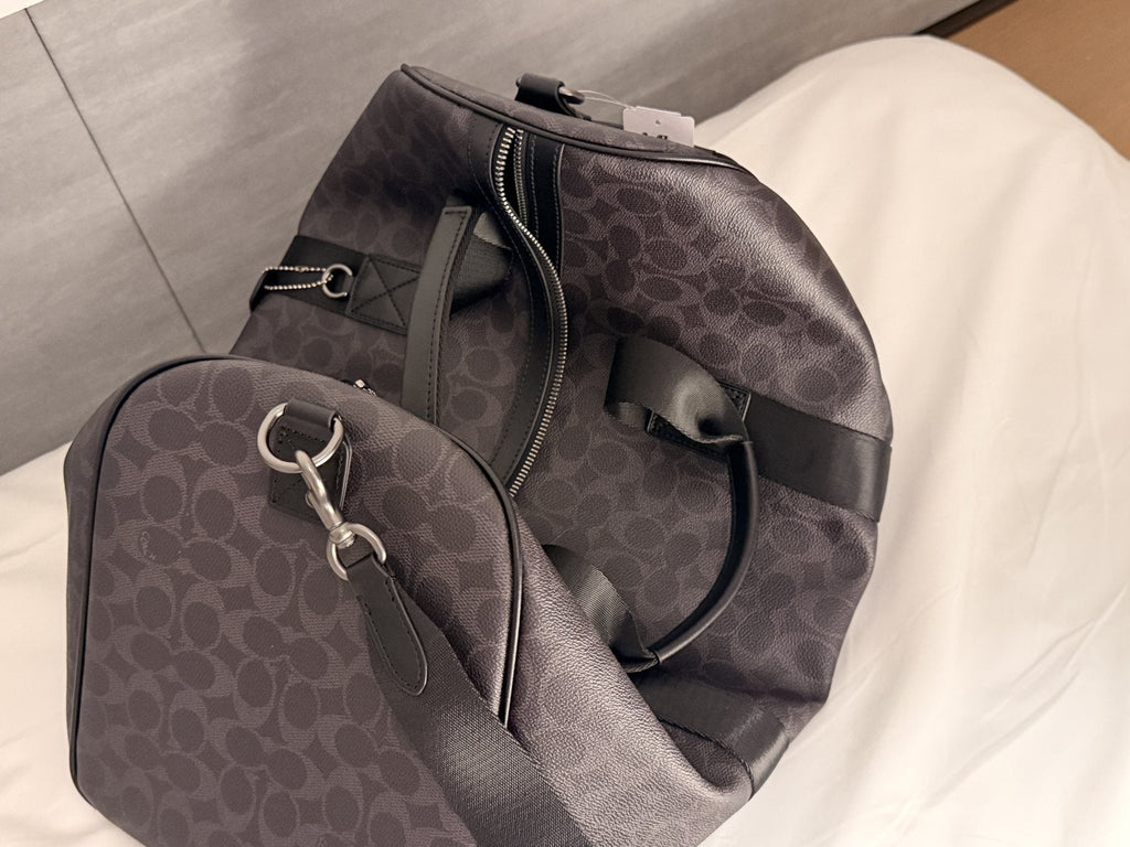 Dark Brown Patterned Duffel Bag with Black Trim — detail