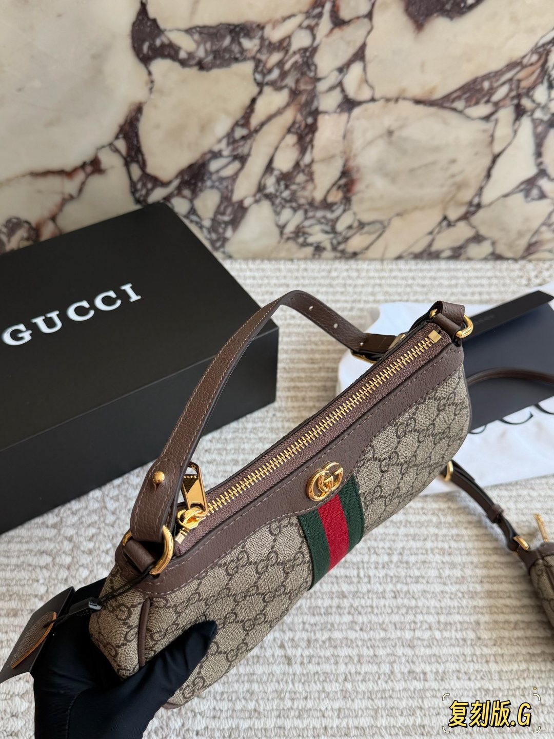 Gucci Monogram Baguette Shoulder Bag with Web Stripe — front