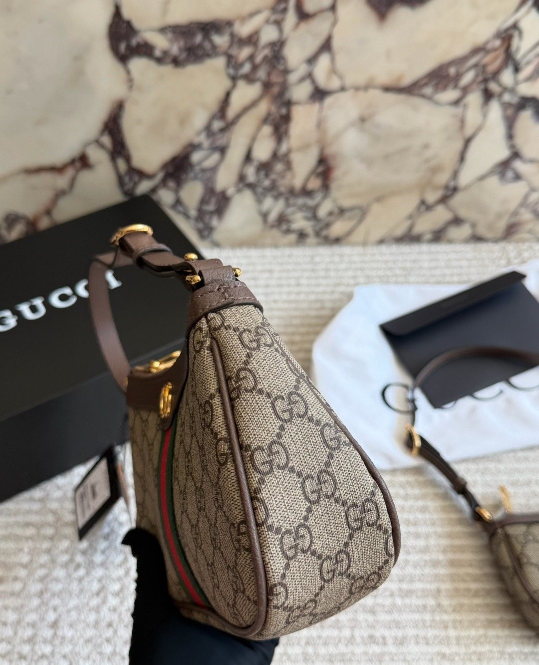 Gucci Monogram Baguette Shoulder Bag with Web Stripe — side