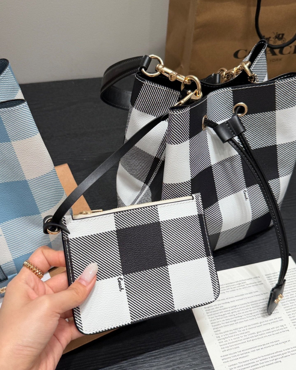 Coach Rowan Check Drawstring Bucket Bag — detail