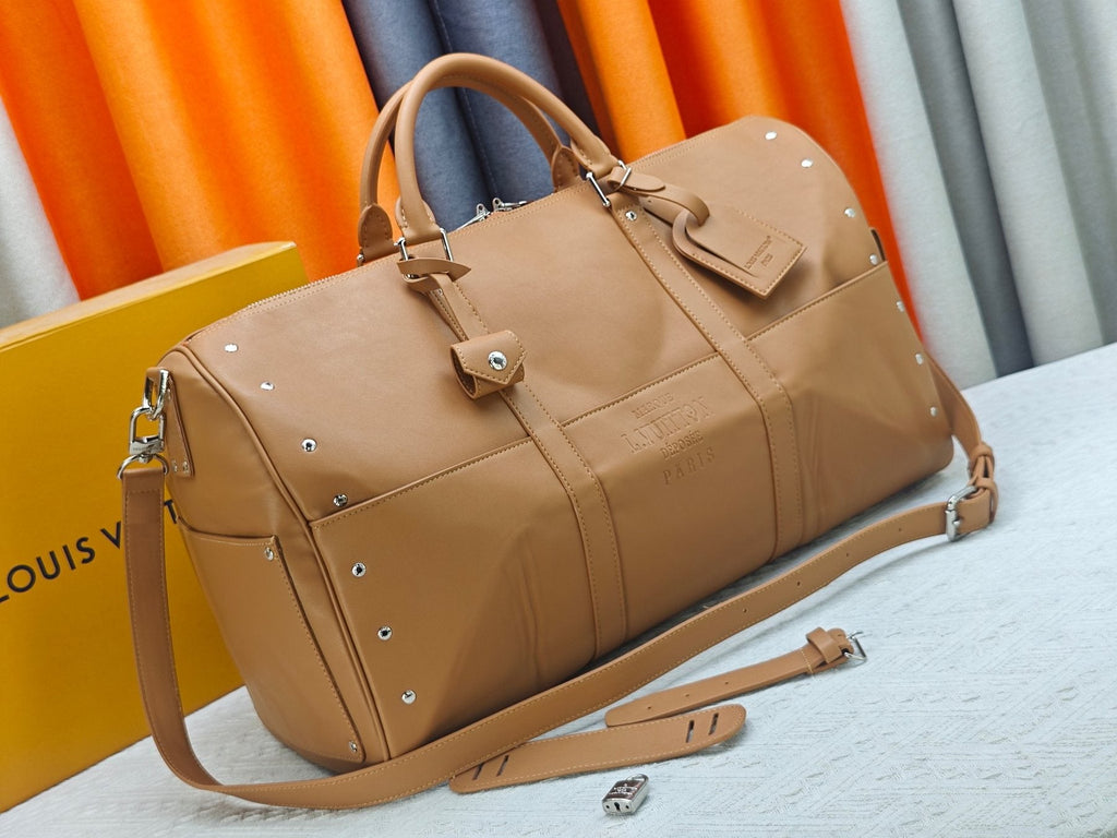 Louis Vuitton Keepall Studded Tan Duffel Bag — front