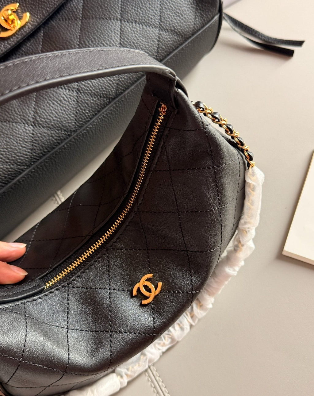Chanel Quilted Crescent Chain Handbag — detail