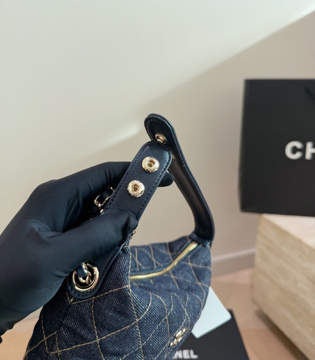Chanel Diamond-Quilted Denim Top-Handle Bag — detail