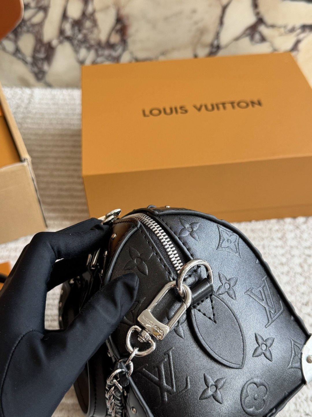 Louis Vuitton Nano Speedy Black Embossed Monogram Bag — detail