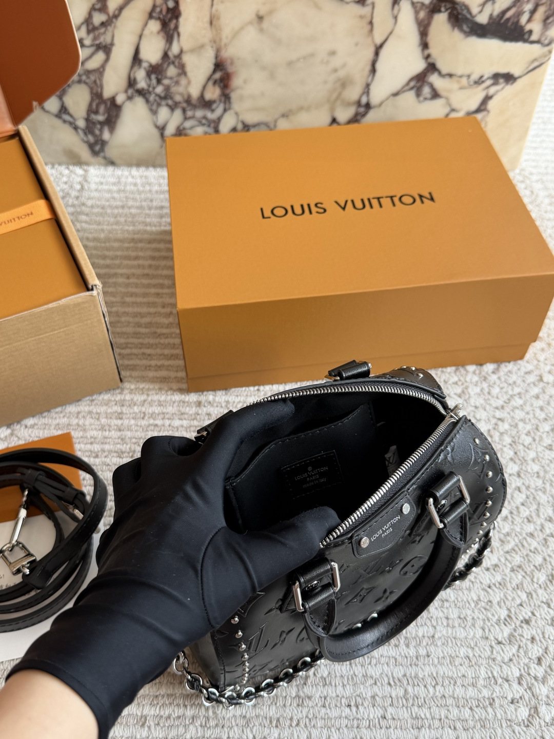 Louis Vuitton Nano Speedy Black Embossed Monogram Bag — front