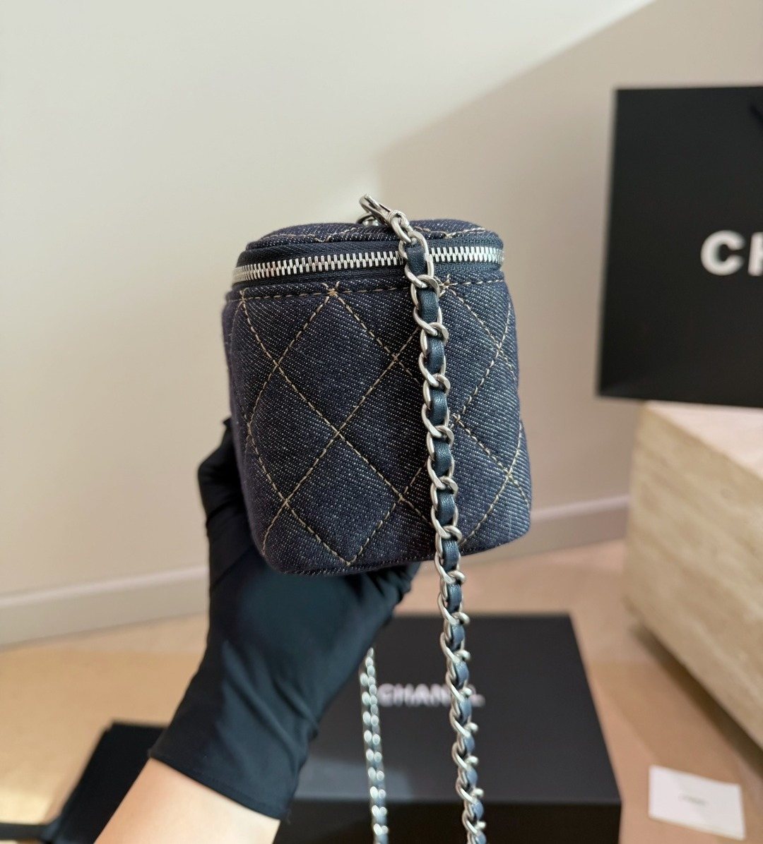 Chanel Quilted Denim Box Shoulder Bag — side