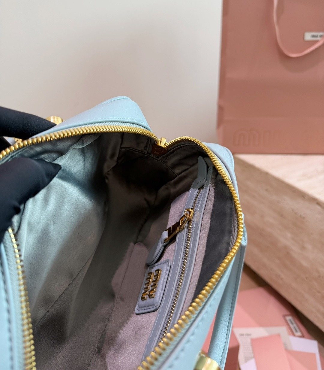 Miu Miu Gathered Bowling Top-Handle Bag — detail