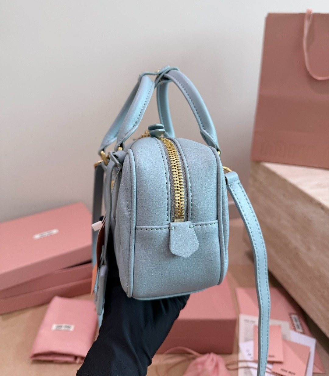 Miu Miu Gathered Bowling Top-Handle Bag — side