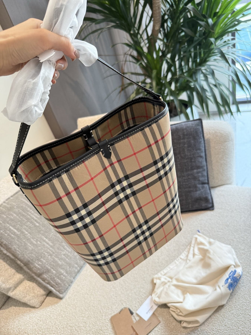 Burberry Beige Check Bucket Bag — front