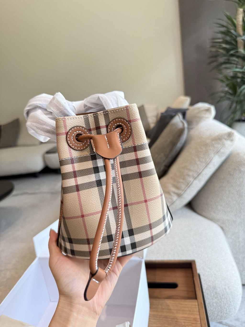 Beige Check Drawstring Bucket Bag with Tan Trim — hero