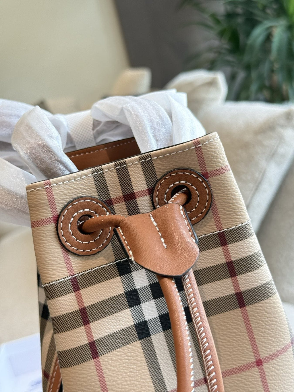 Beige Check Drawstring Bucket Bag with Tan Trim — detail