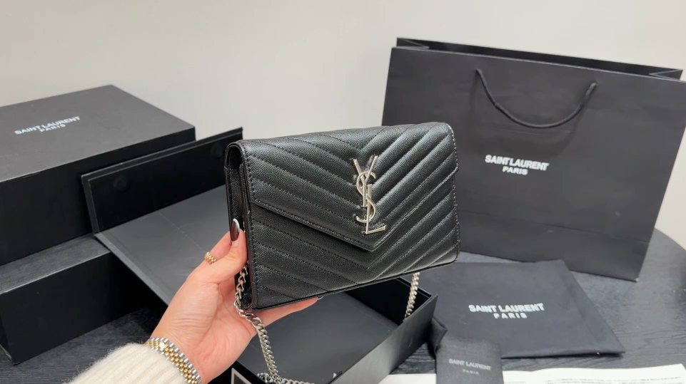 Saint Laurent Chevron-Quilted Envelope Wallet on Chain — front