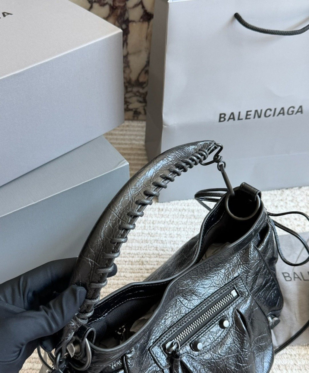 Balenciaga Gathered Studded Shoulder Bag — detail