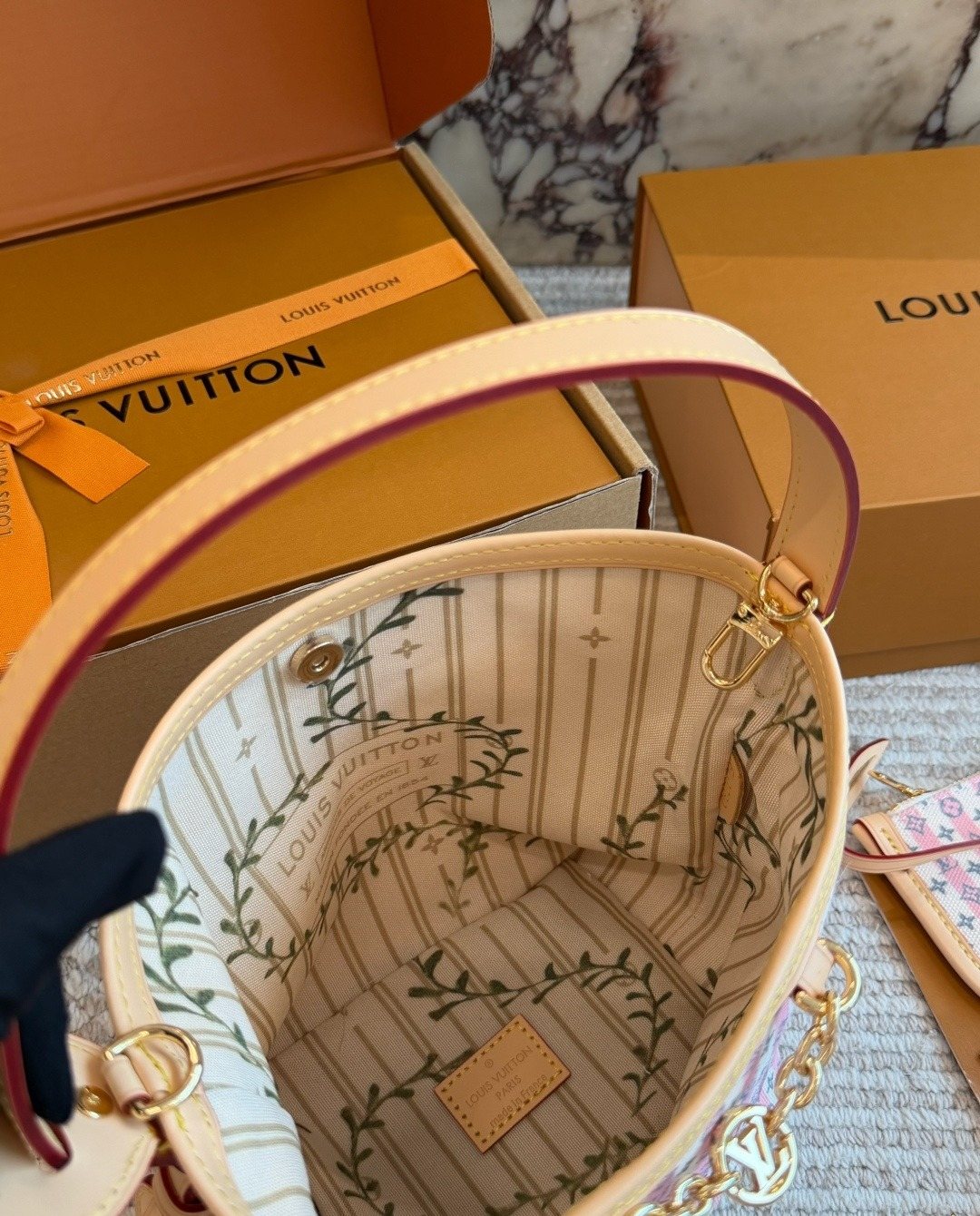 Louis Vuitton All In BB Pink Patterned Bucket Bag — detail