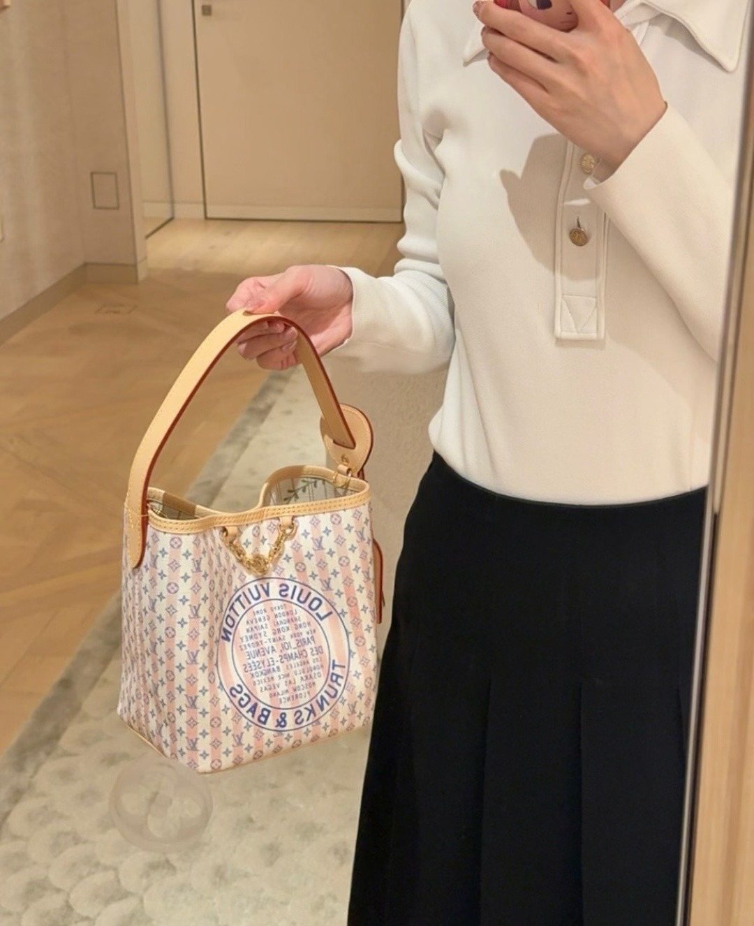 Louis Vuitton All In BB Pink Patterned Bucket Bag — model