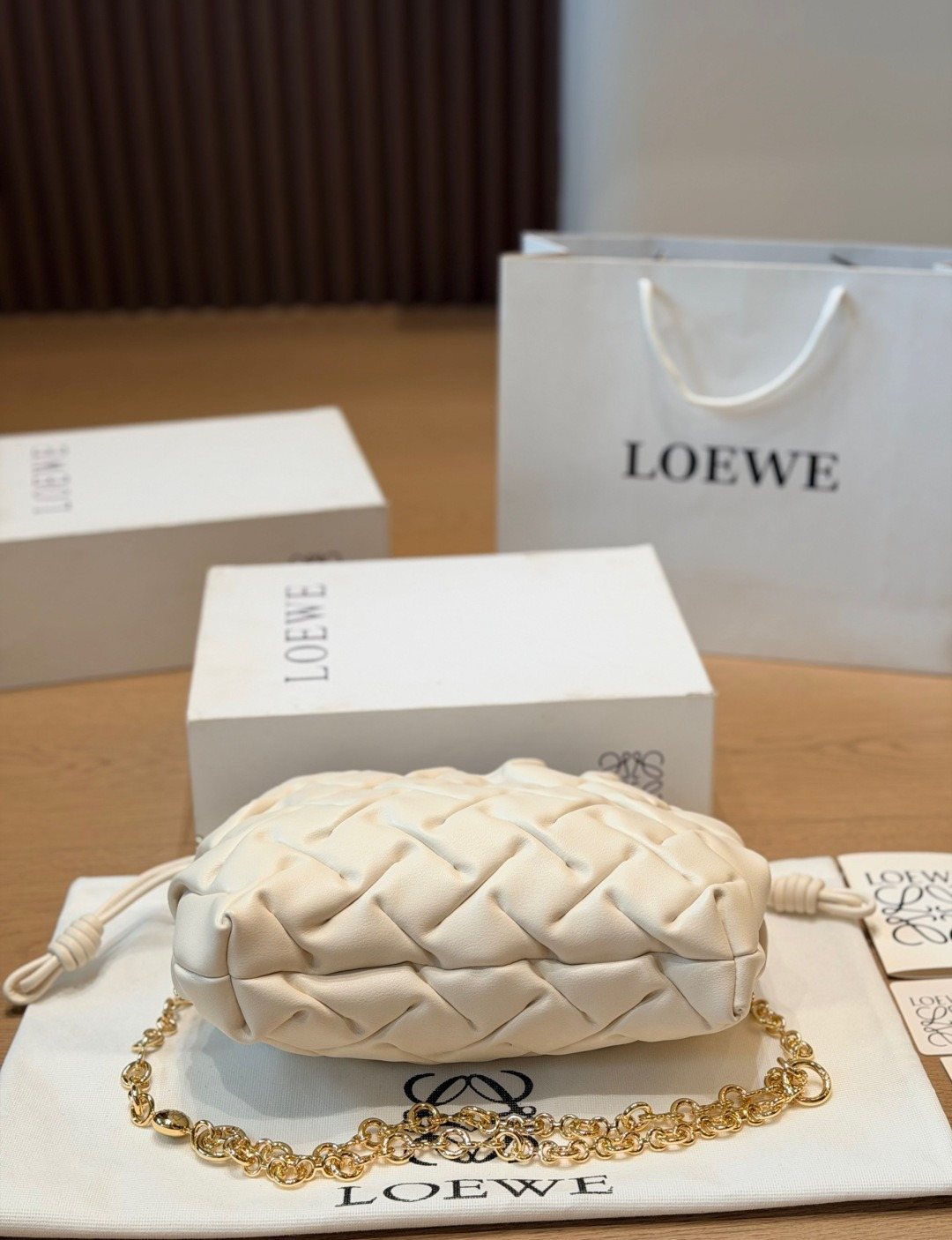 Cream Woven Drawstring Shoulder Bag — detail
