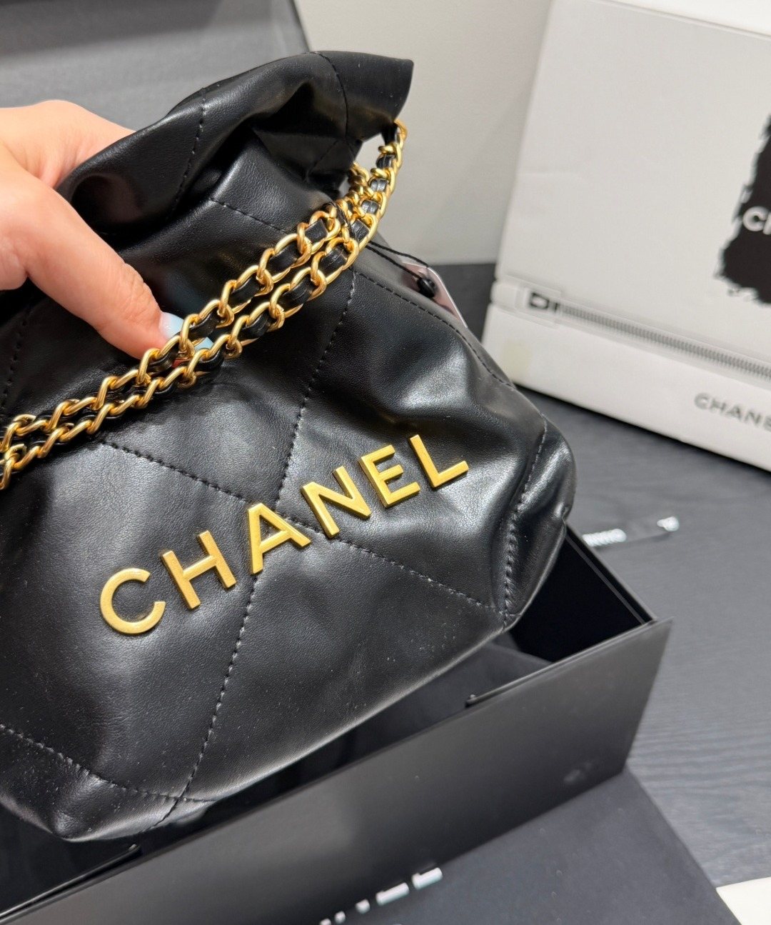 Chanel Mini 22 Quilted Chain Shoulder Bag — detail