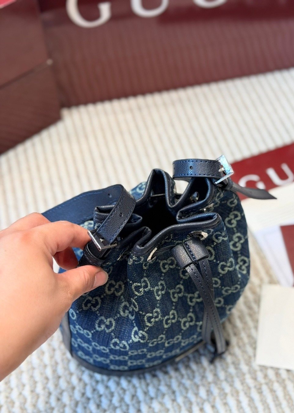Gucci Blue GG Drawstring Bucket Bag — detail