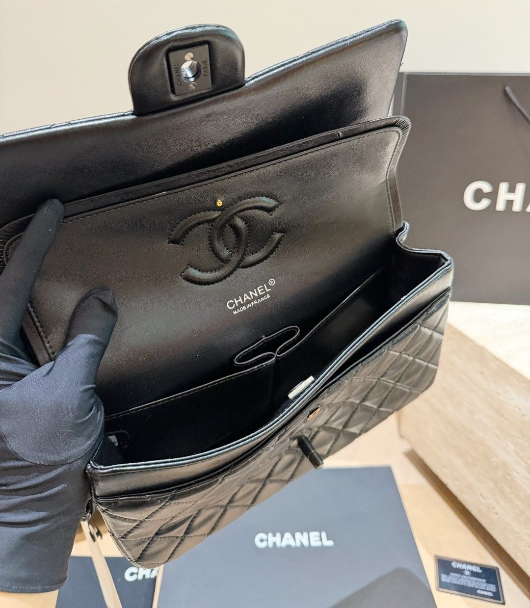 Chanel Black Diamond-Quilted Flap Shoulder Bag — detail