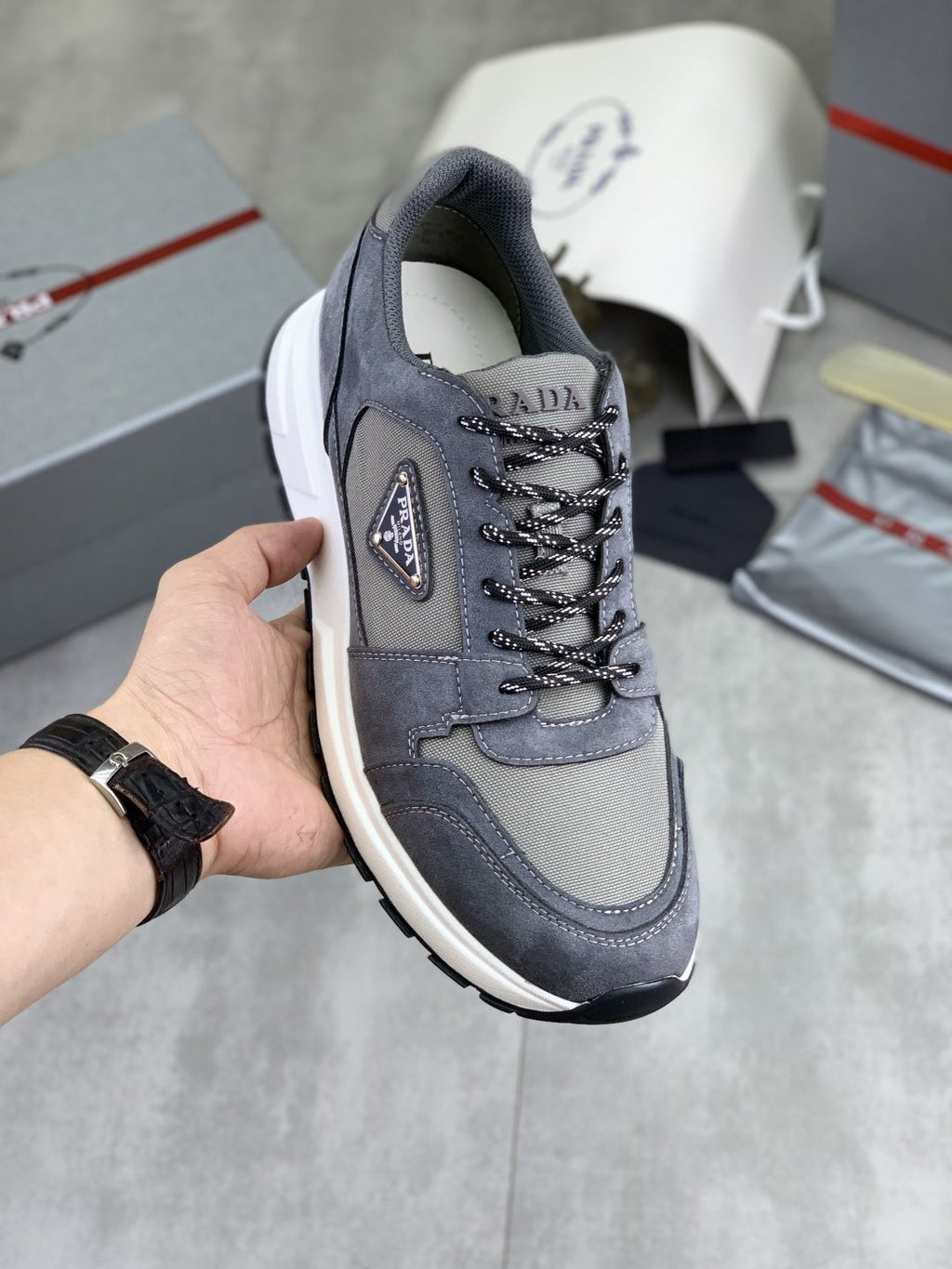Prada Gray Paneled Men's Sneakers — model