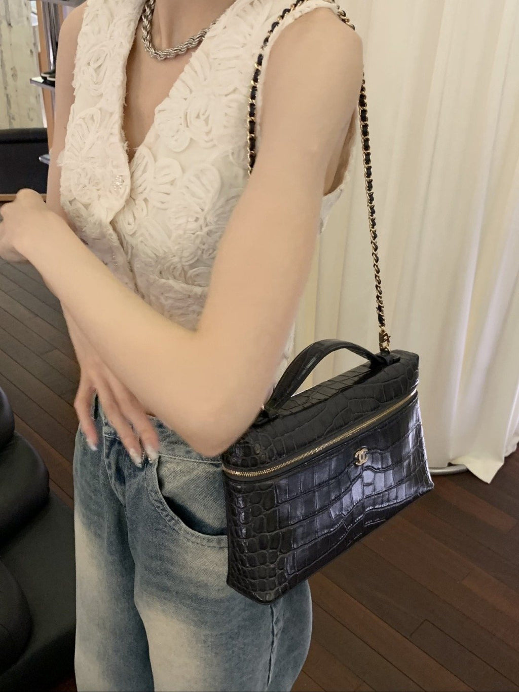 Chanel Crocodile-Pattern Zip Top-Handle Shoulder Bag — model