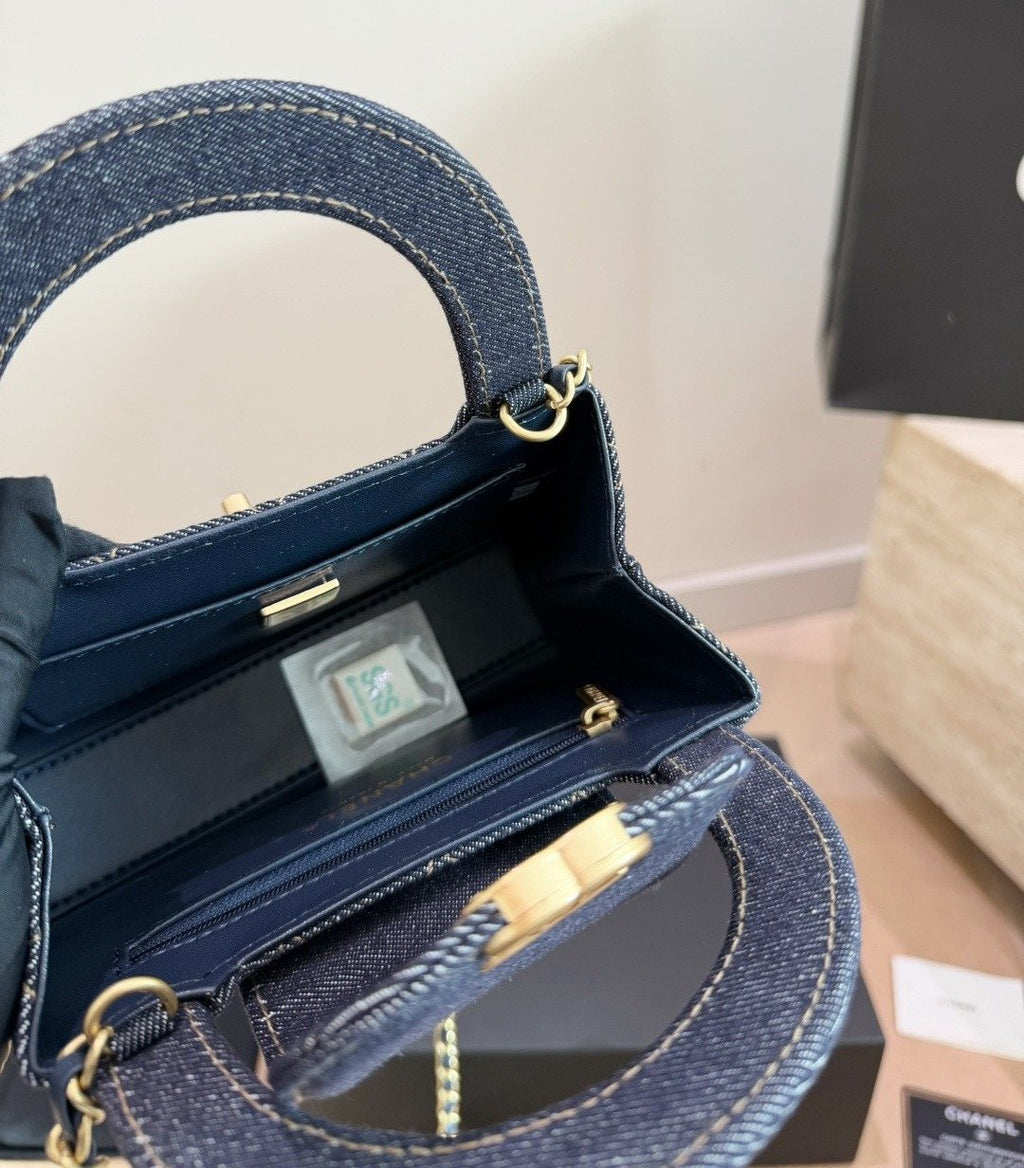 Chanel Kelly Quilted Denim Top-Handle Bag — detail