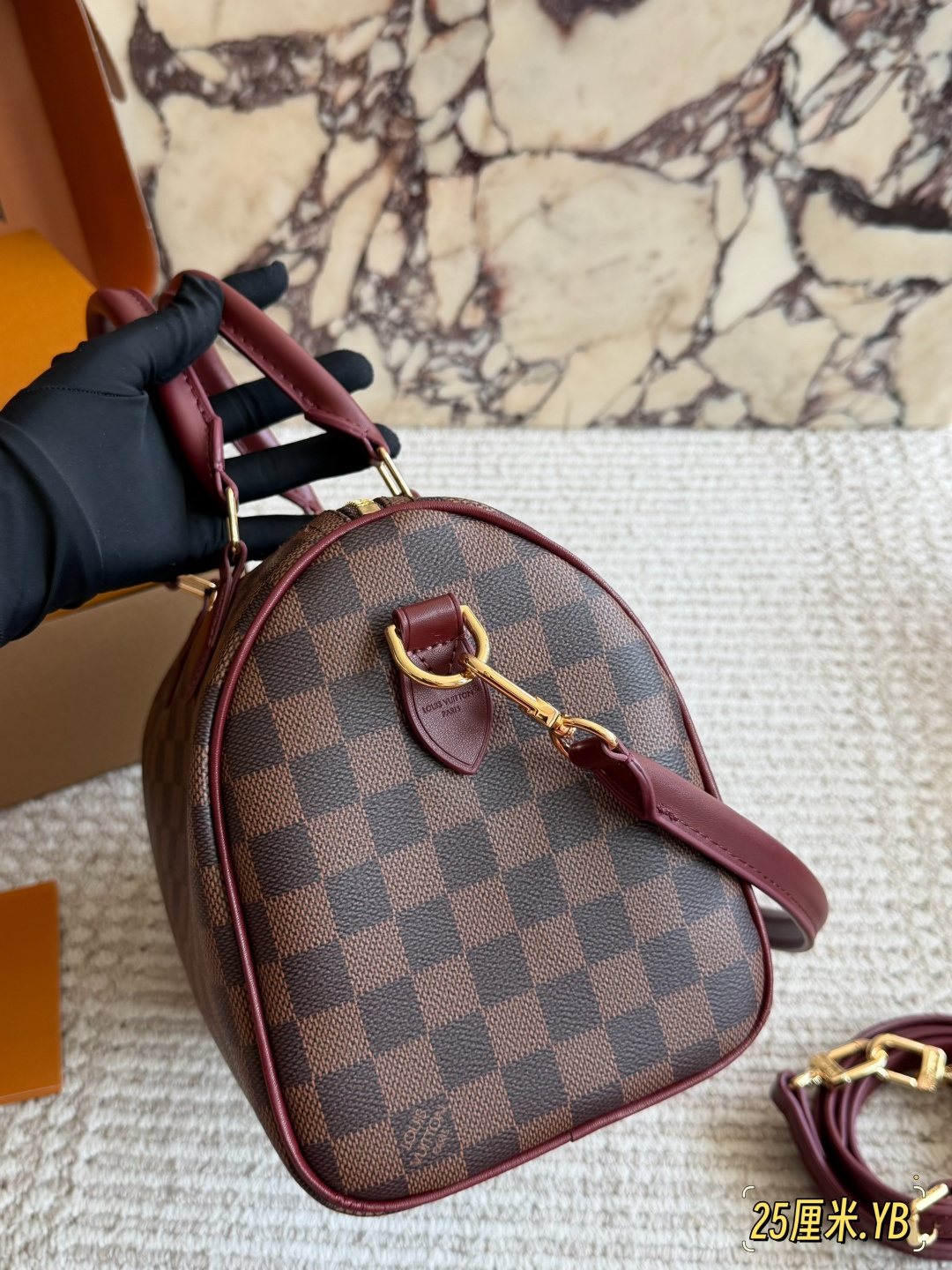 Louis Vuitton Speedy Checker Bag with Burgundy Trim — side