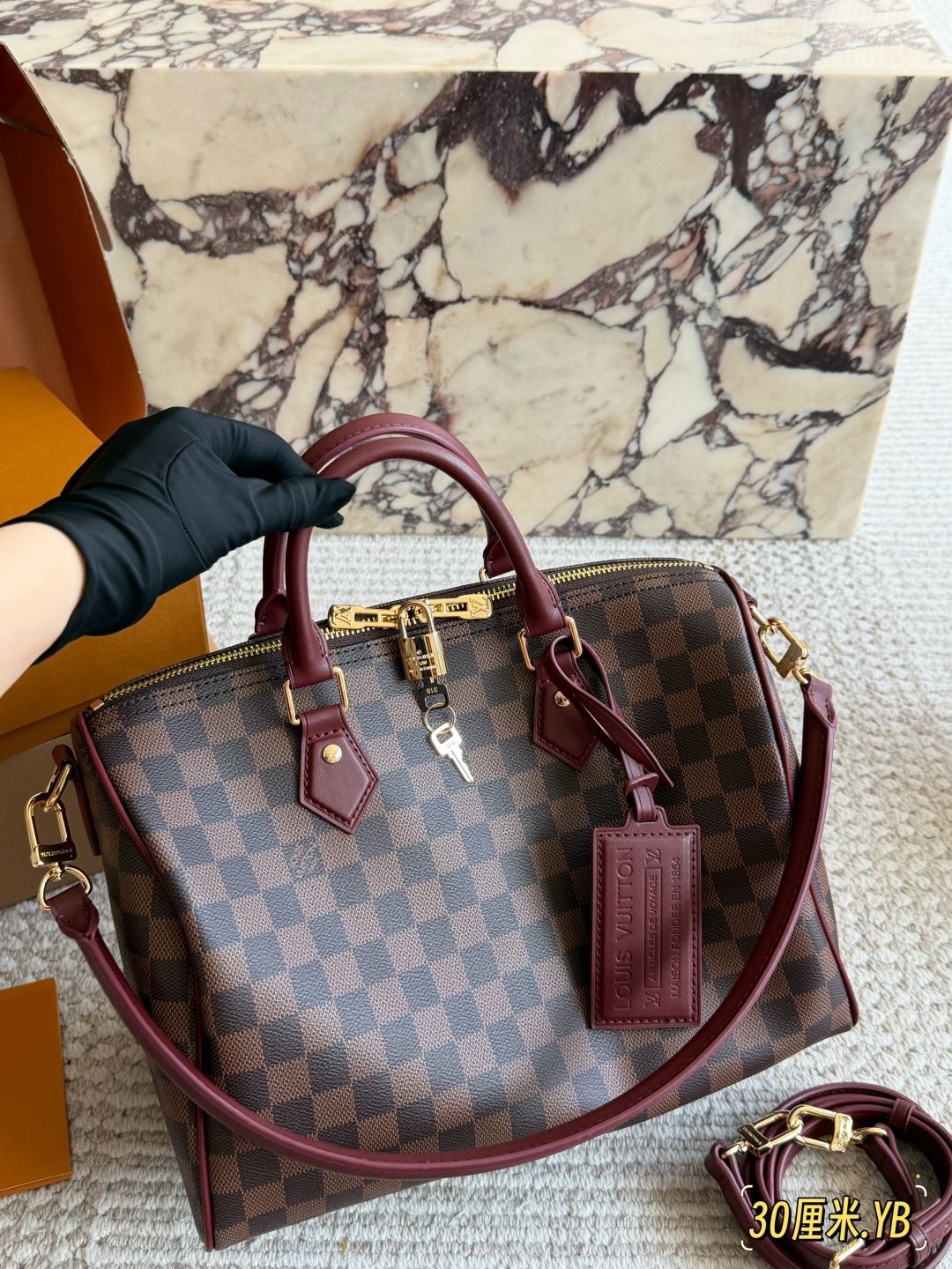 Louis Vuitton Speedy Checker Bag with Burgundy Trim — front