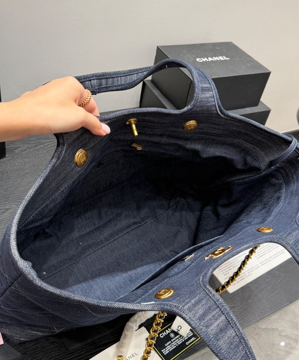 Chanel Quilted Denim Tote with Gold-Tone Chains — detail