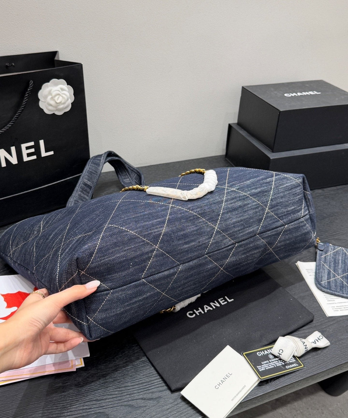 Chanel Quilted Denim Tote with Gold-Tone Chains — detail