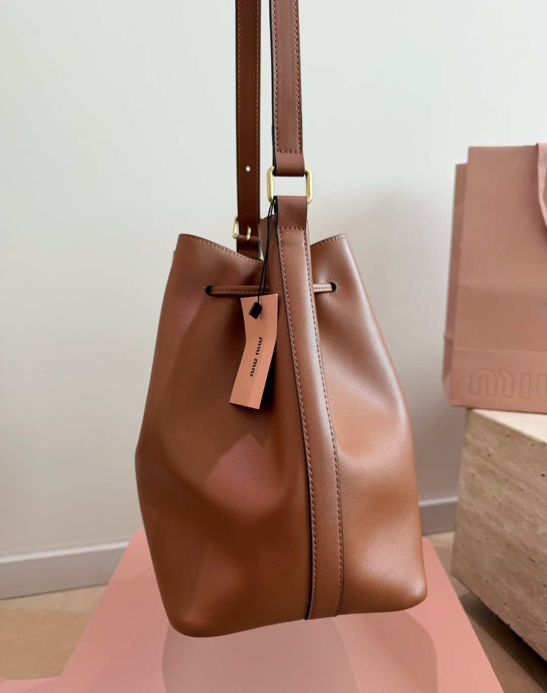 Miu Miu Smooth Leather Drawstring Bucket Bag — side