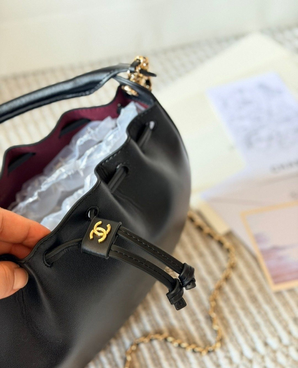 Chanel Black Rounded Drawstring Top-Handle Bag — detail