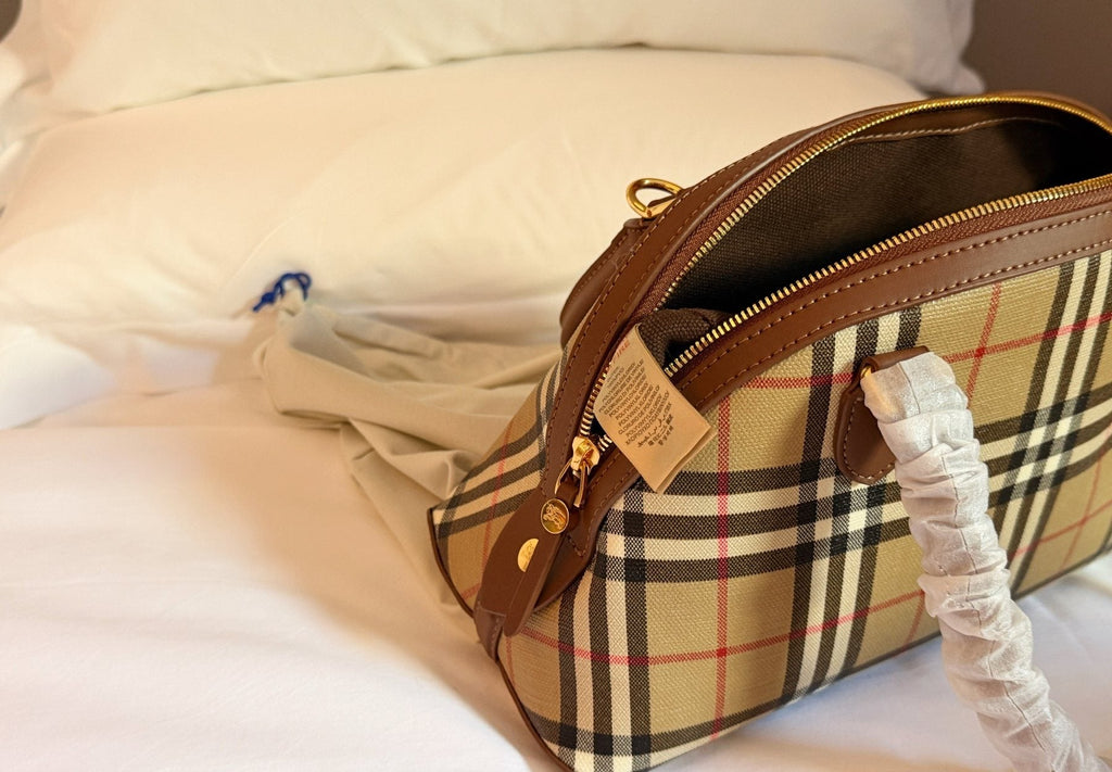 Beige Check Domed Top-Handle Bag with Brown Trim — detail